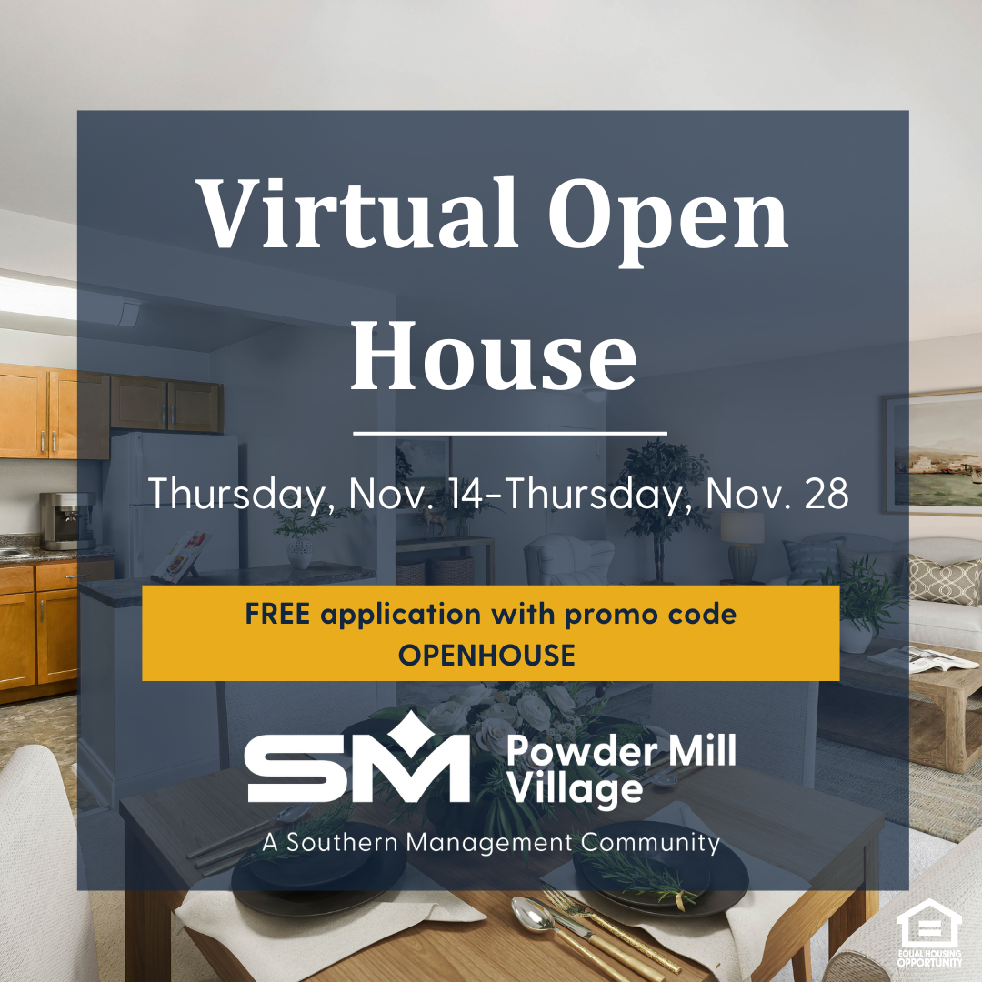 Blue square with text that says 'Virtual Open House Thursday Nov. 14-28'