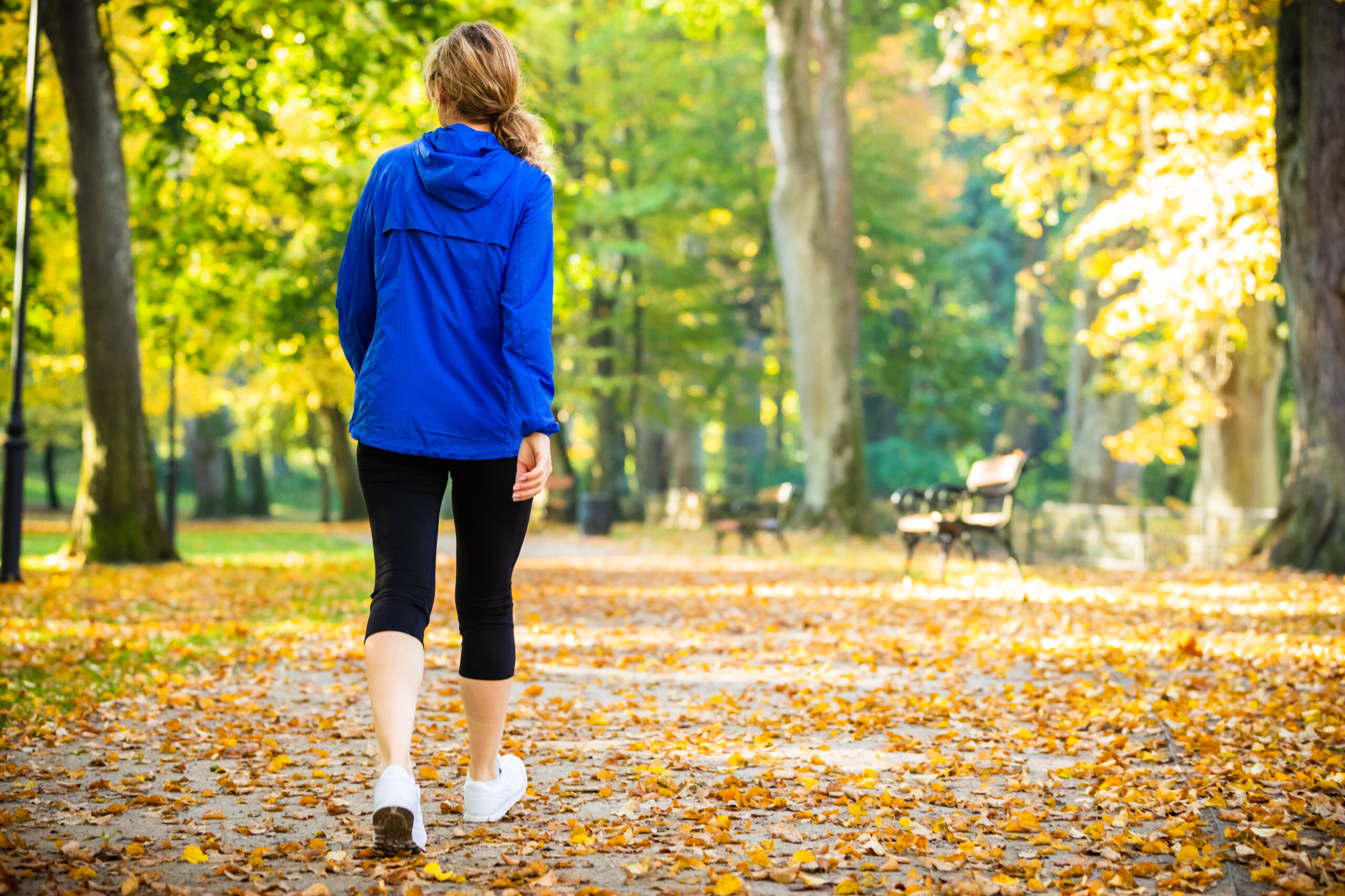 woman walking in city park wearing blue jacket fall leaves and green trees